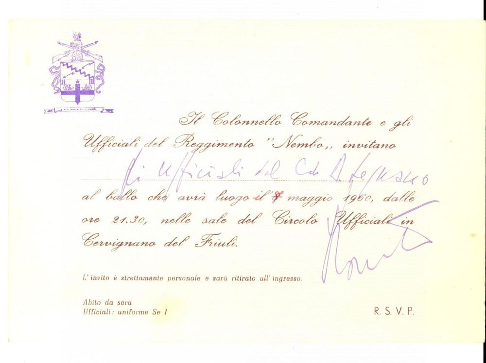 Oggetto da collezione cartaceo 1960 ca CERVIGNANO DEL FRIULI UD Reggimento NEMBO  Invito al ballo ufficiali 1