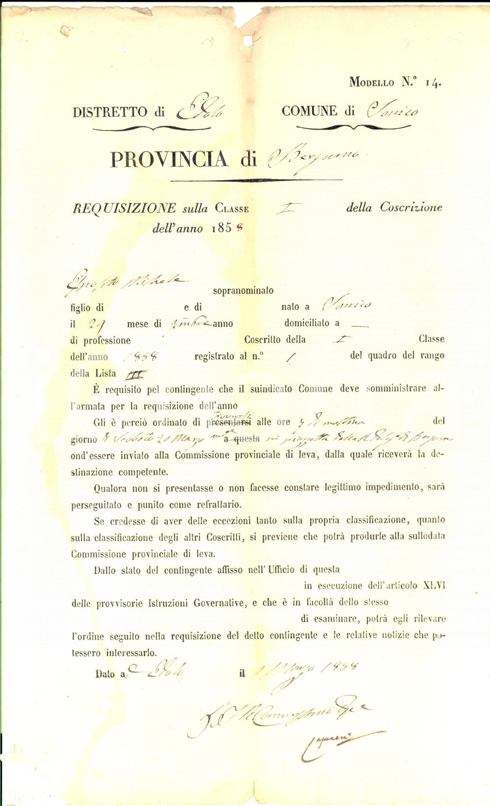 Documento originale, autentico 1858 SONICO BS Requisizione di Michele ESPOSITO per leva militare 24x35 cm 1