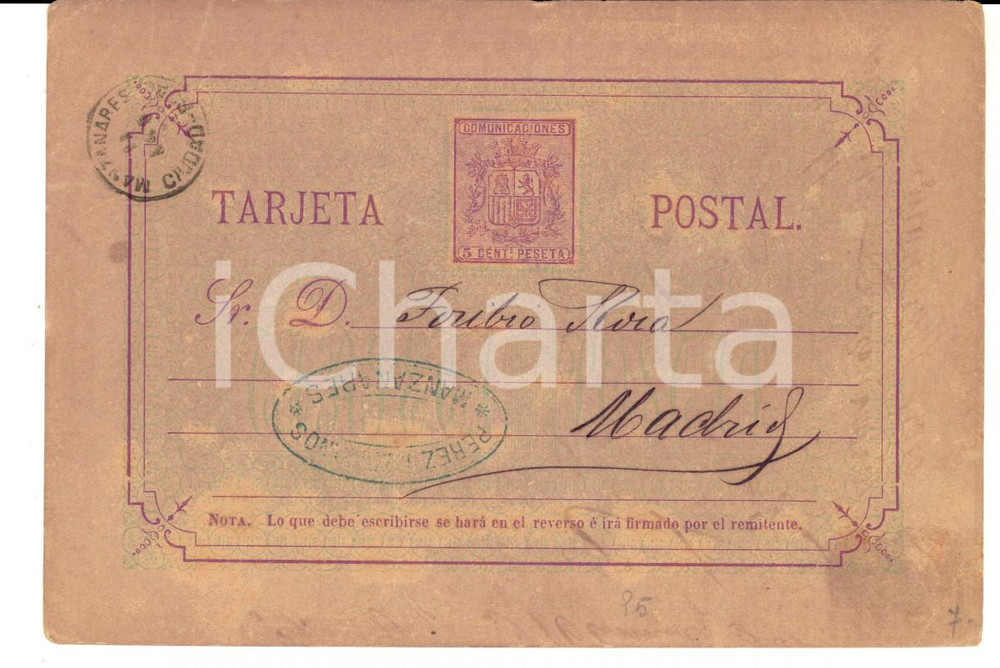 Cartolina originale da collezione 1875 MANZANARES ES Ditta PEREZ HERMANOS Cartolina postale a Foribio ROCA 1