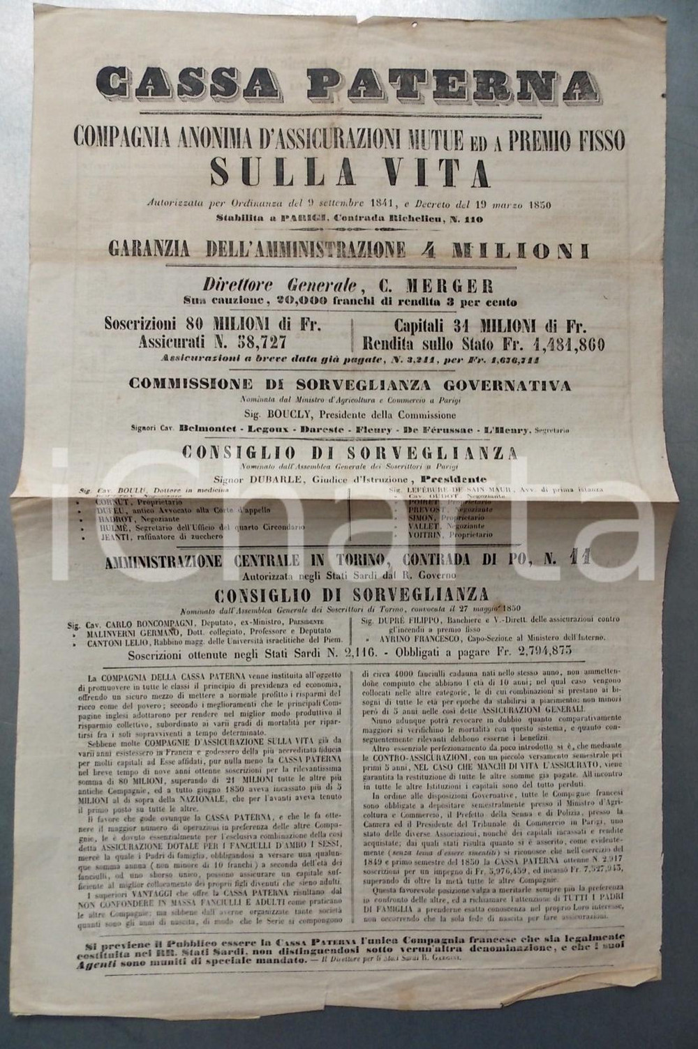 Documento originale, autentico 1850 PARIS CASSA PATERNA Assicurazioni sulla vita  Manifesto gestione 27x43 cm 1