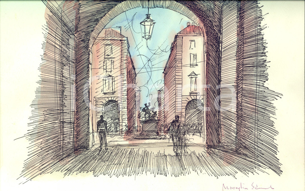 Opera d’arte autentica 1950 ca Edmondo MANEGLIA Piazza Palazzo di Città  China multiplo AUTOGRAFO 1