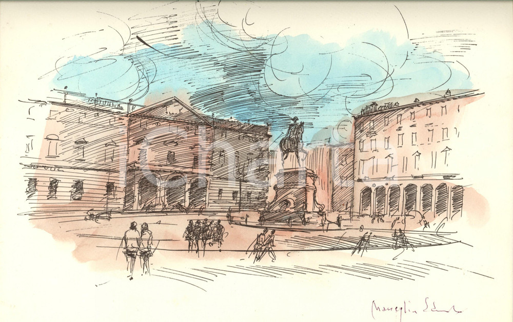 Opera d’arte autentica 1950 ca Edmondo MANEGLIA Torino  Piazza Bodoni China multiplo 47/99 AUTOGRAFO 1