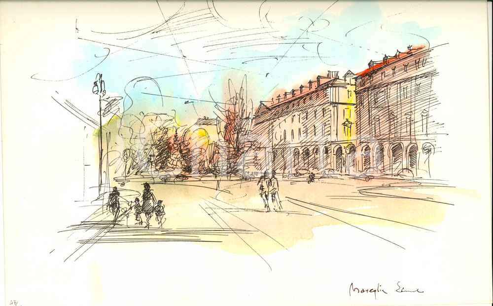 Opera d’arte autentica 1950 Edmondo MANEGLIA Torino  Piazza Statuto China multiplo 47/99 AUTOGRAFO 1