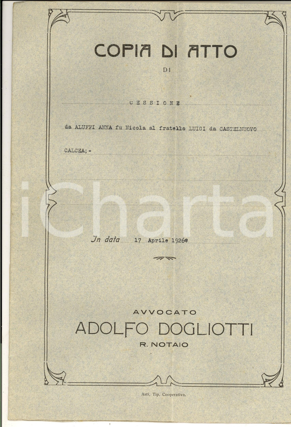 Documento originale, autentico 1926 CASTELNUOVO CALCEA AT Cessione ereditaria Anna ALUFFI al fratello Luigi 1