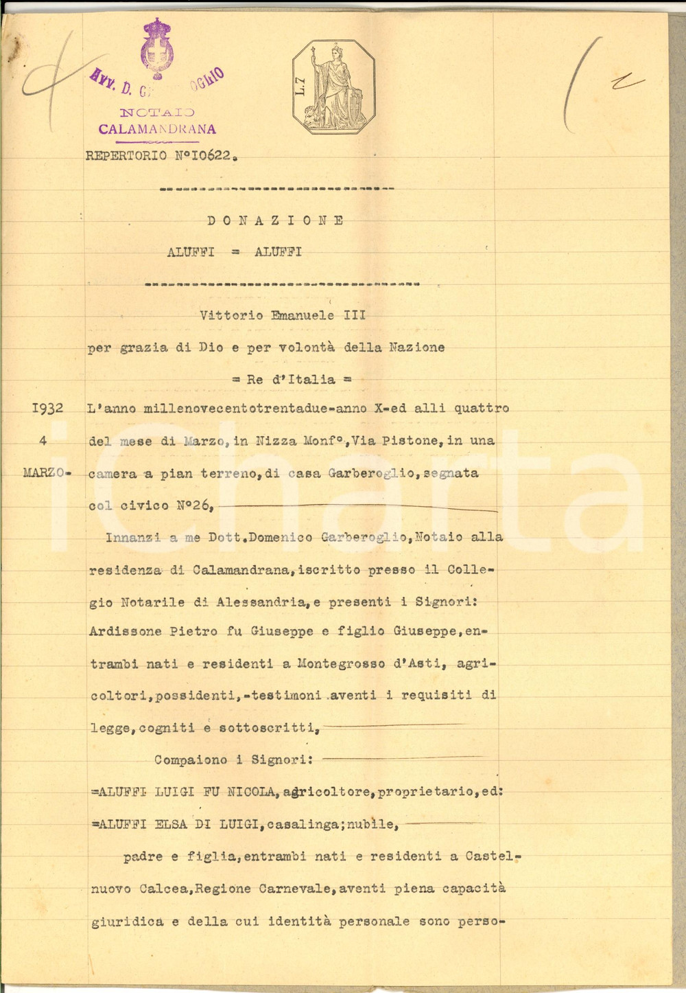Documento originale, autentico 1932 CASTELNUOVO CALCEA Donazione Luigi ALUFFI per corredo alla figlia Elsa 1