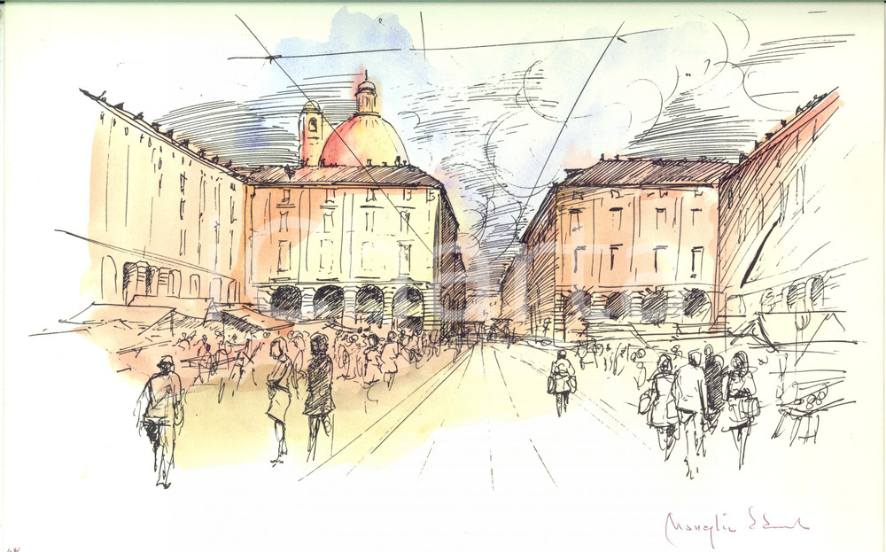 Opera d’arte autentica 1950 ca Edmondo MANEGLIA Piazza Palazzo di Città China multiplo 47/99 AUTOGRAFO 1