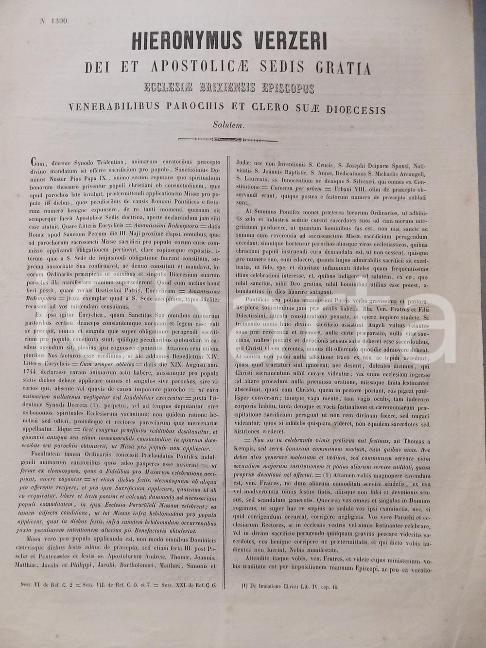 Documento originale, autentico 1858 BRESCIA Mons. Girolamo VERZERI  Enciclica PIo IX Amantissimi Redemptoris 1