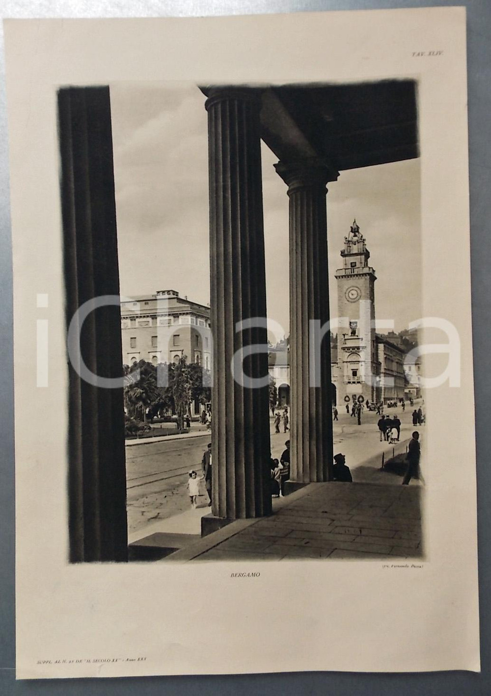 Stampa, bozzetto originale 1931 IL SECOLO XX Veduta di Bergamo  riproduzione foto Fernando PASTA 26x36 cm 1