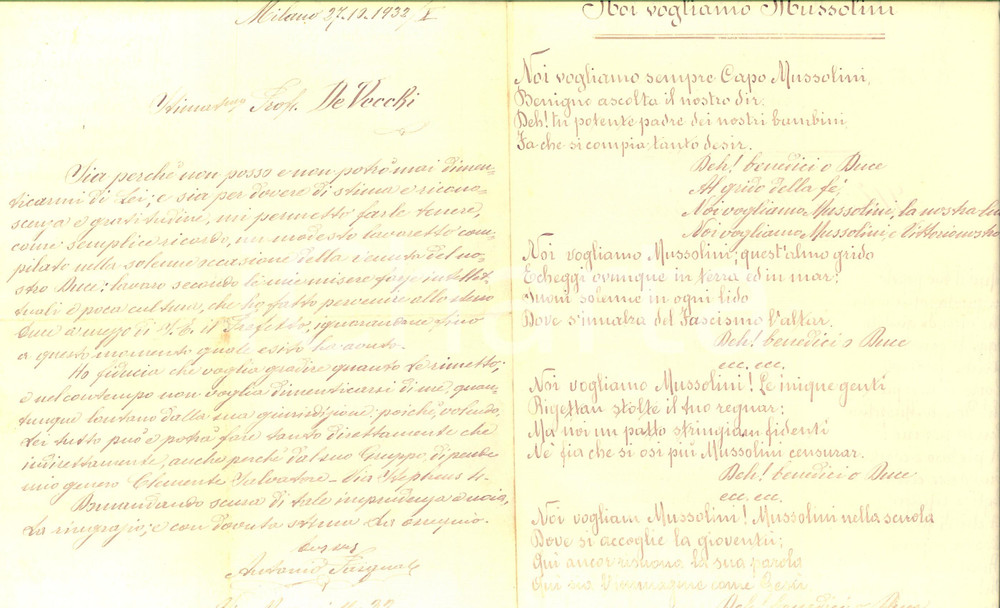 Manoscritto, lettera originale 1932 Antonio PASQUALE Noi vogliamo Mussolini  Verità dI fede fascista INEDITO 1
