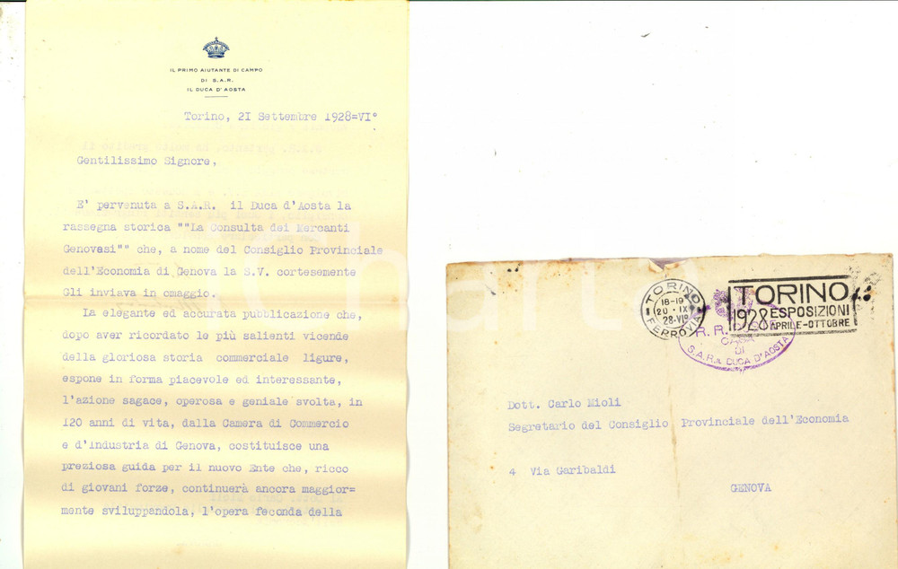 Autografo originale 1928 TORINO Lettera ringraziamento gen. Emilio MONTASINI Primo aiutante di campo 1