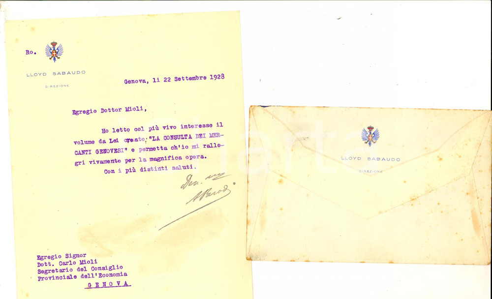 Autografo originale 1928 GENOVA LLOYD SABAUDO Lettera ringraziamento del direttore PARODI 1