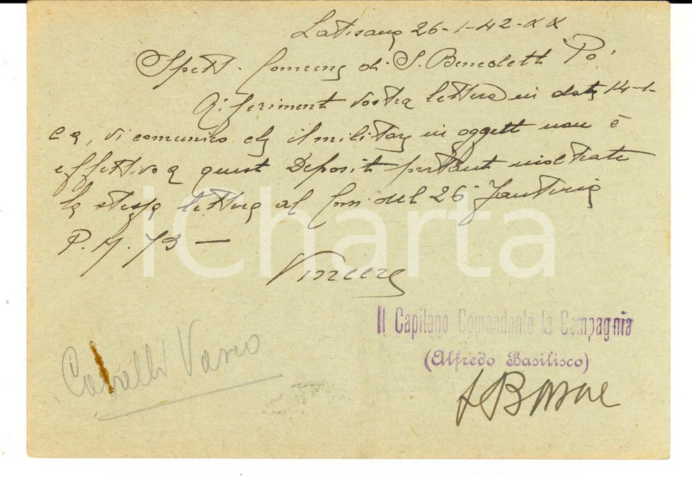 1942 WW2 LATISANA (UD) 26 ° Regg. BERGAMO Cartolina comandante Alfredo BASILISCO