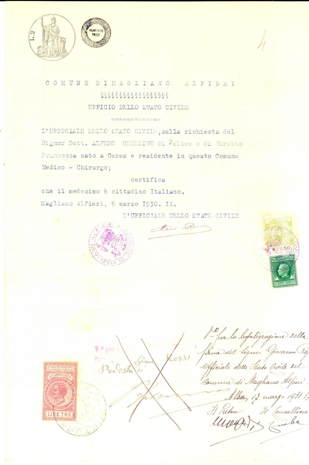 Documento originale, autentico 1930 MAGLIANO ALFIERI CN Certificato di cittadinanza di Ceresino ALFERO 1