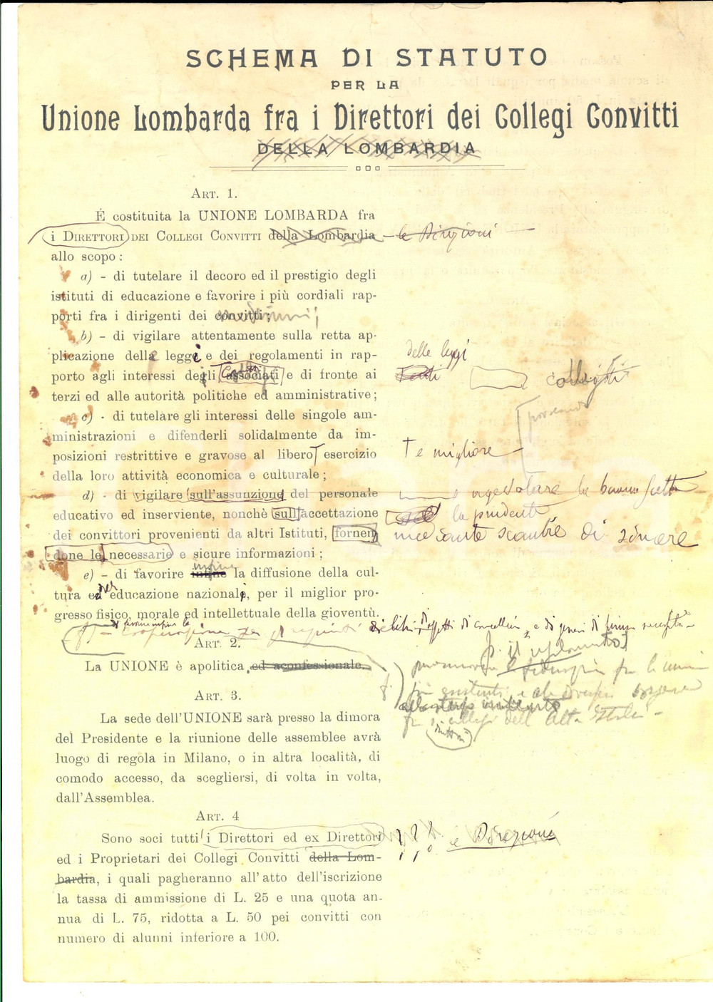 Documento originale, autentico 1910 ca MILANO Schema di statuto per la UNIONE LOMBARDA COLLEGI CONVITTI 1