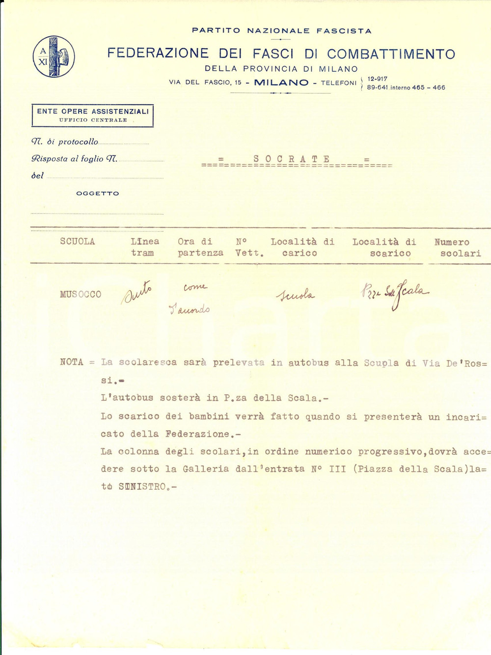Documento originale, autentico 1940 ca PNF MILANO Nota sul trasporto di una scolaresca al TEATRO ALLA SCALA 1