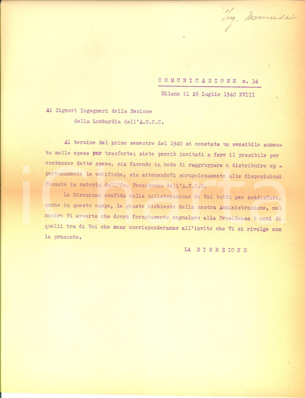 Manoscritto, lettera originale 1940 ROMA ANCC Lettera agli ingegneri per la riduzione delle spese di trasferta 1