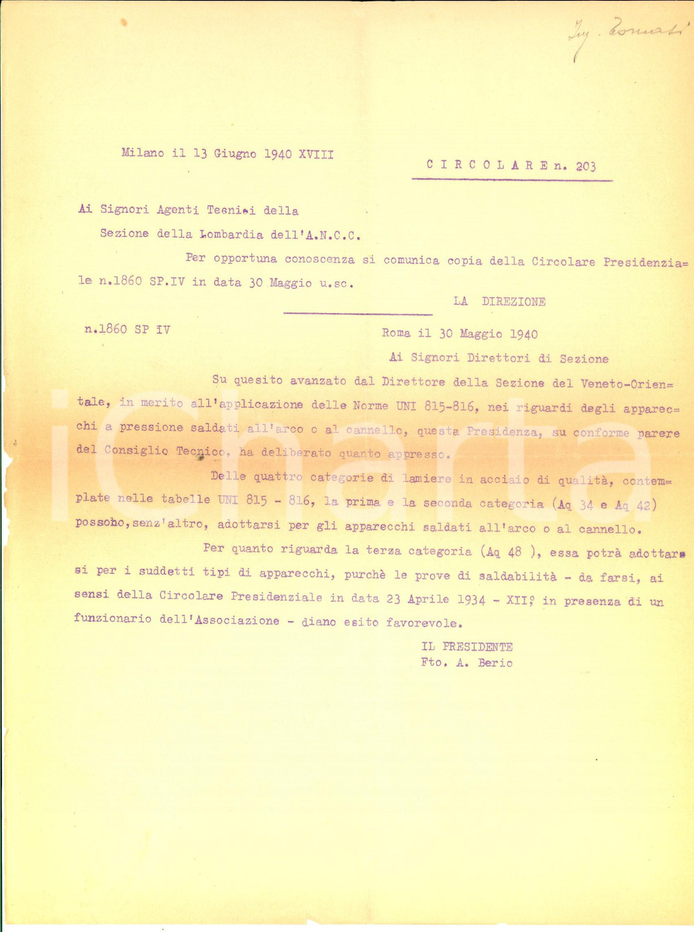 Manoscritto, lettera originale 1940 MILANO ANCC Lamiere per apparecchi a pressione saldati all arco Lettera 1