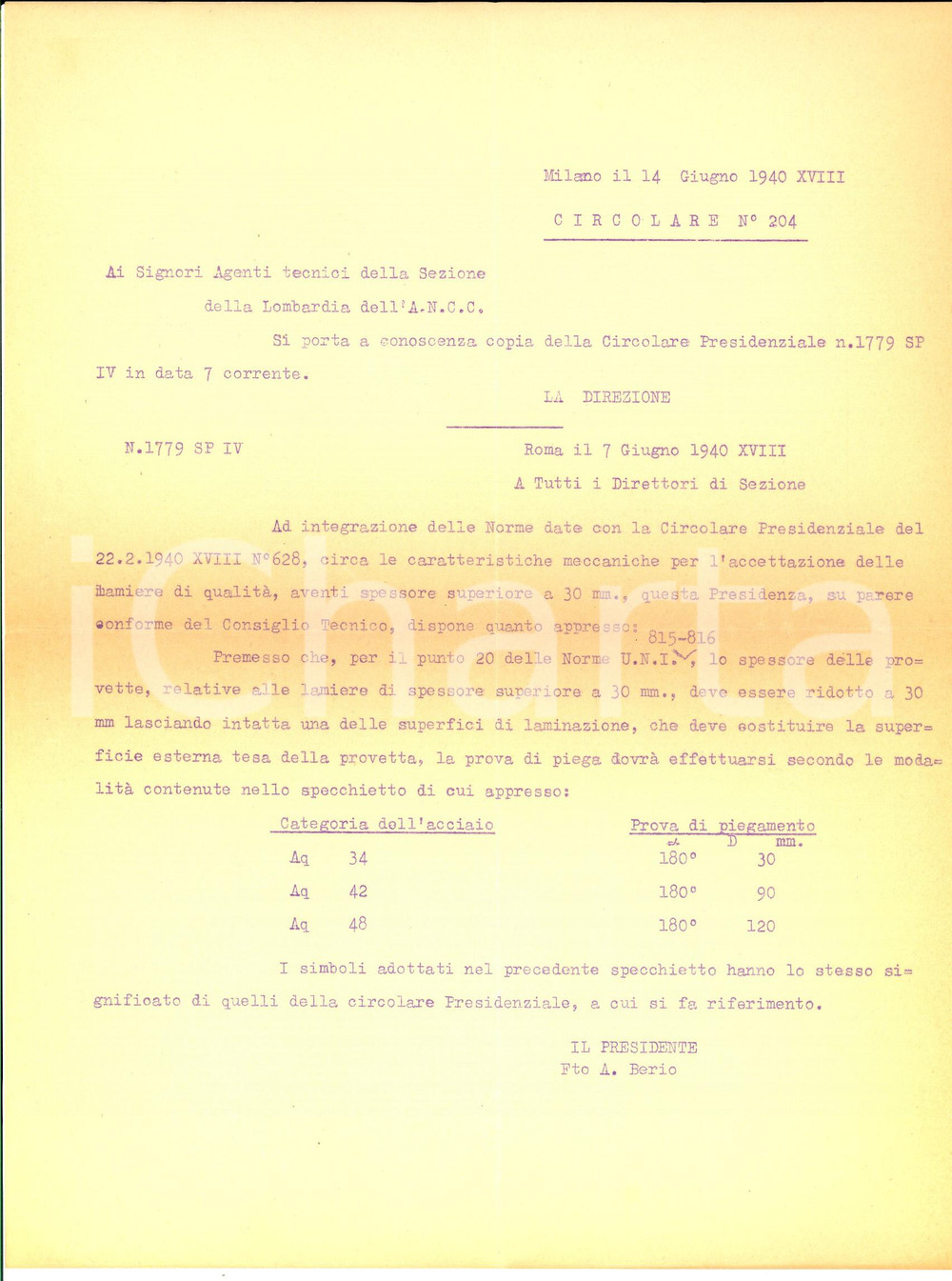 Manoscritto, lettera originale 1940 MILANO ANCC Caratteristiche meccaniche delle lamiere di qualitÃ  Lettera 1
