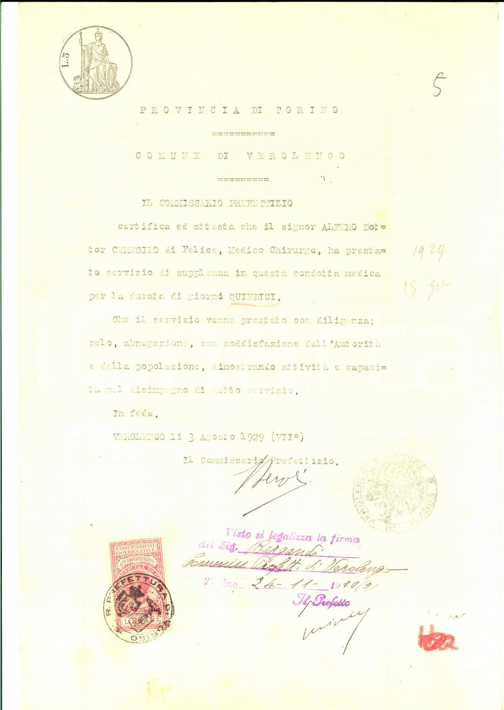 1929 VEROLENGO (TO) Certificato di servizio del medico Ceresino ALFERO
