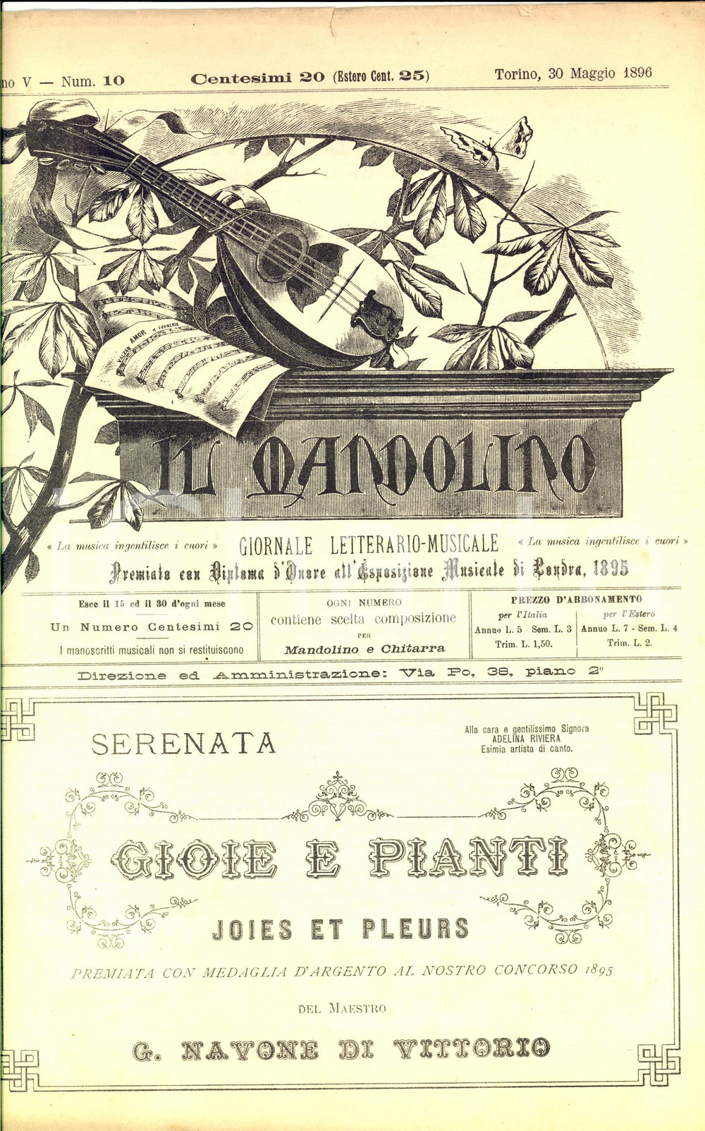 Oggetto da collezione cartaceo 1896 IL MANDOLINO Serenata G. NAVONE DI VITTORIO Gioie e pianti Spartito 1