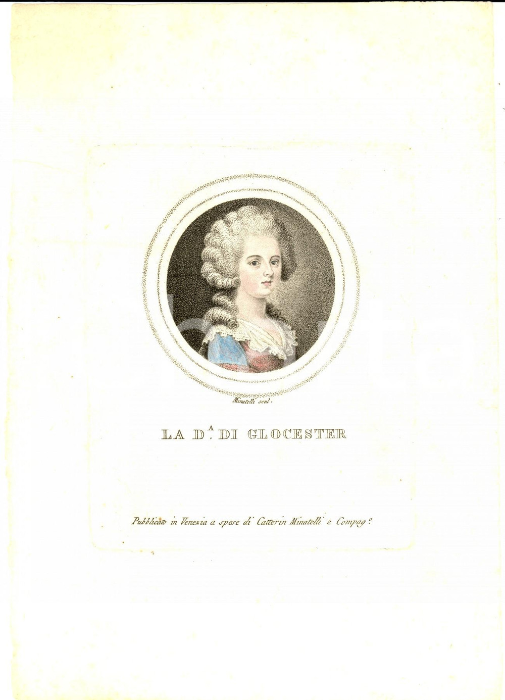 1850 ca Ritratto duchessa di GLOCESTER *Stampa colorata a mano inc. MINATELLI 