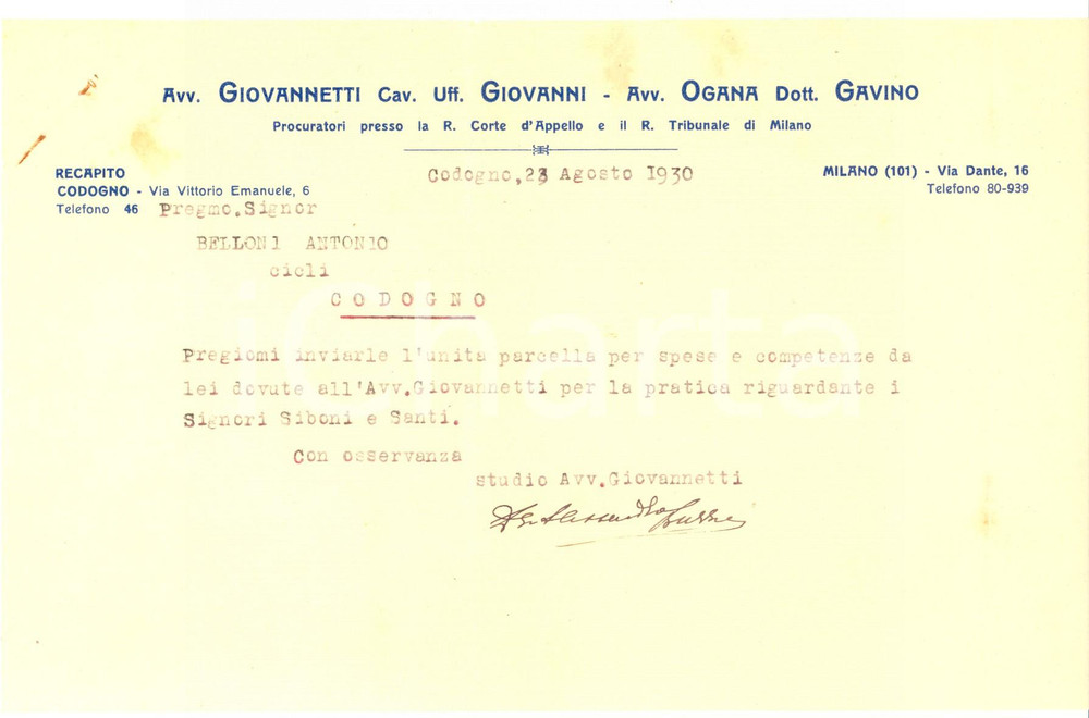 Documento originale, autentico 1930 CODOGNO LO Avv. Giovanni GIOVANNETTI  Gavino OGANA Lettera a un cliente 1
