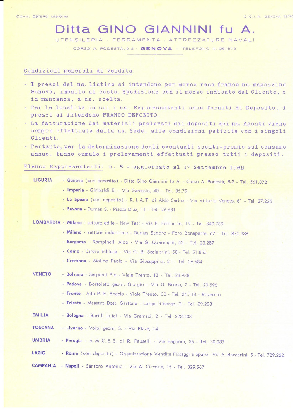 Manoscritto, lettera originale 1962 GENOVA Ditta Gino GIANNINI Utensileria  Elenco dei rappresentanti 1