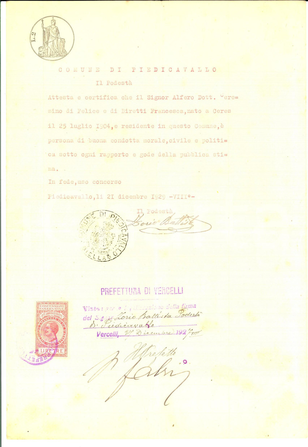 Documento originale, autentico 1929 PIEDICAVALLO BI Certificato di buona condotta di Ceresino ALFERO 1