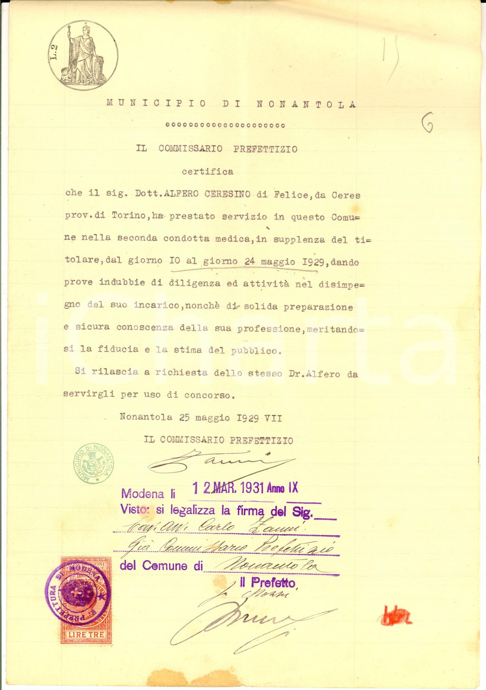 Documento originale, autentico 1929 NONANTOLA MO Certificato servizio di Alfero CERESINO medico chirurgo 1