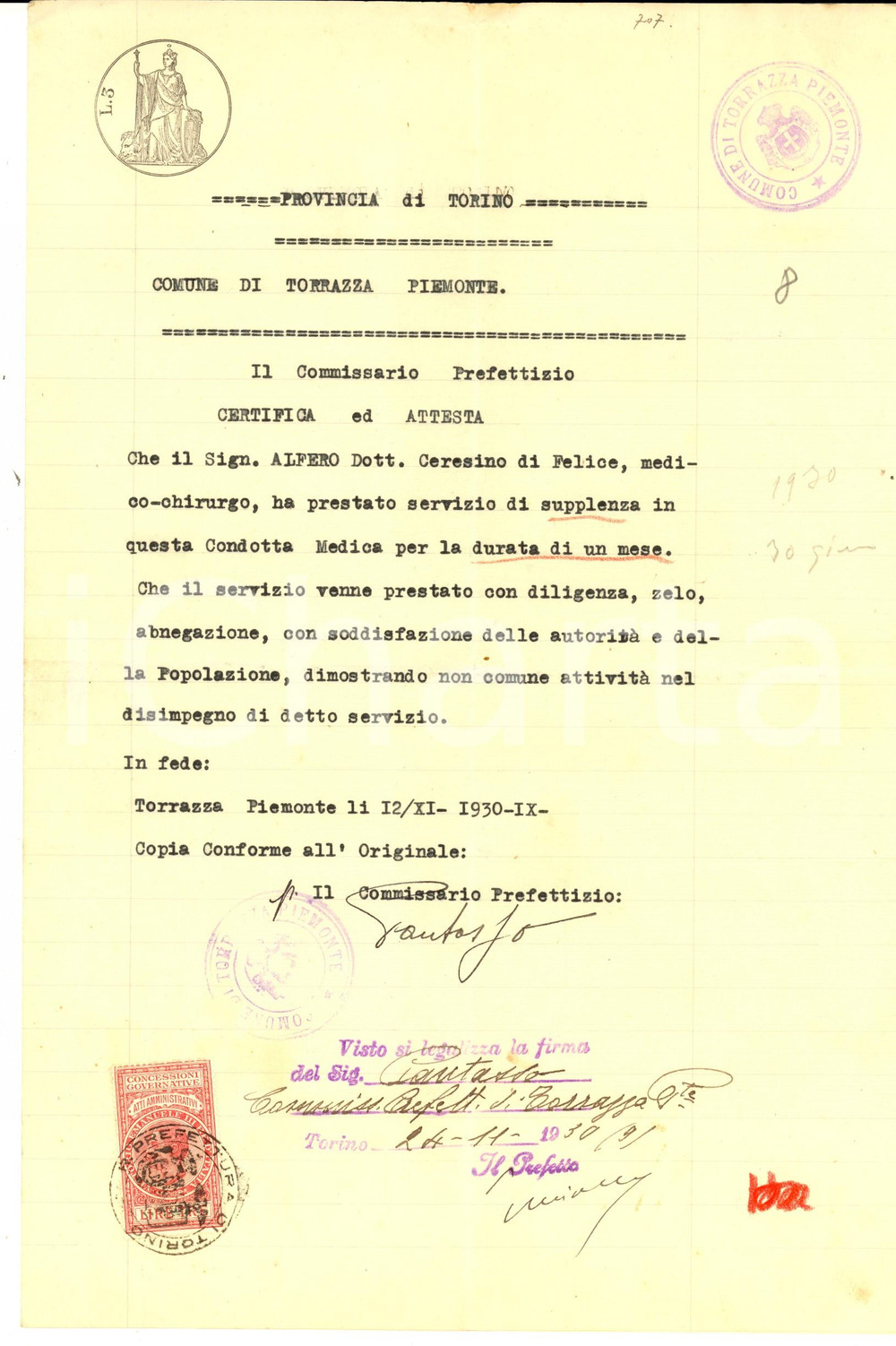 Documento originale, autentico 1930 TORRAZZA PIEMONTE TO Certificato servizio Ceresino ALFERO medico chirurgo 1
