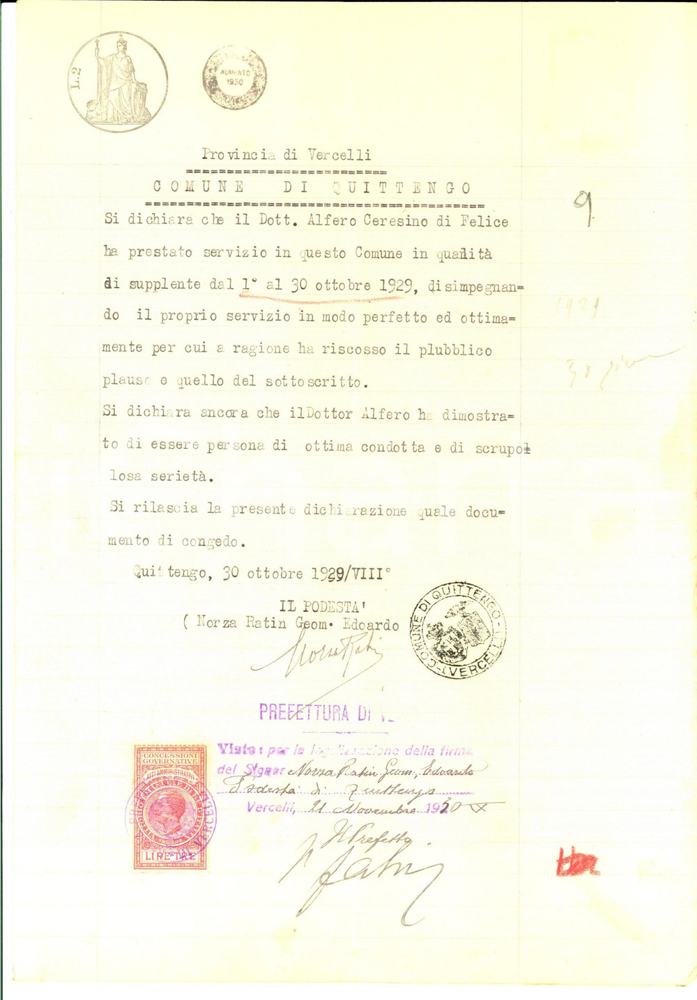 Documento originale, autentico 1929 QUITTENGO BI Certificato di servizio del medico Ceresino ALFERO 1