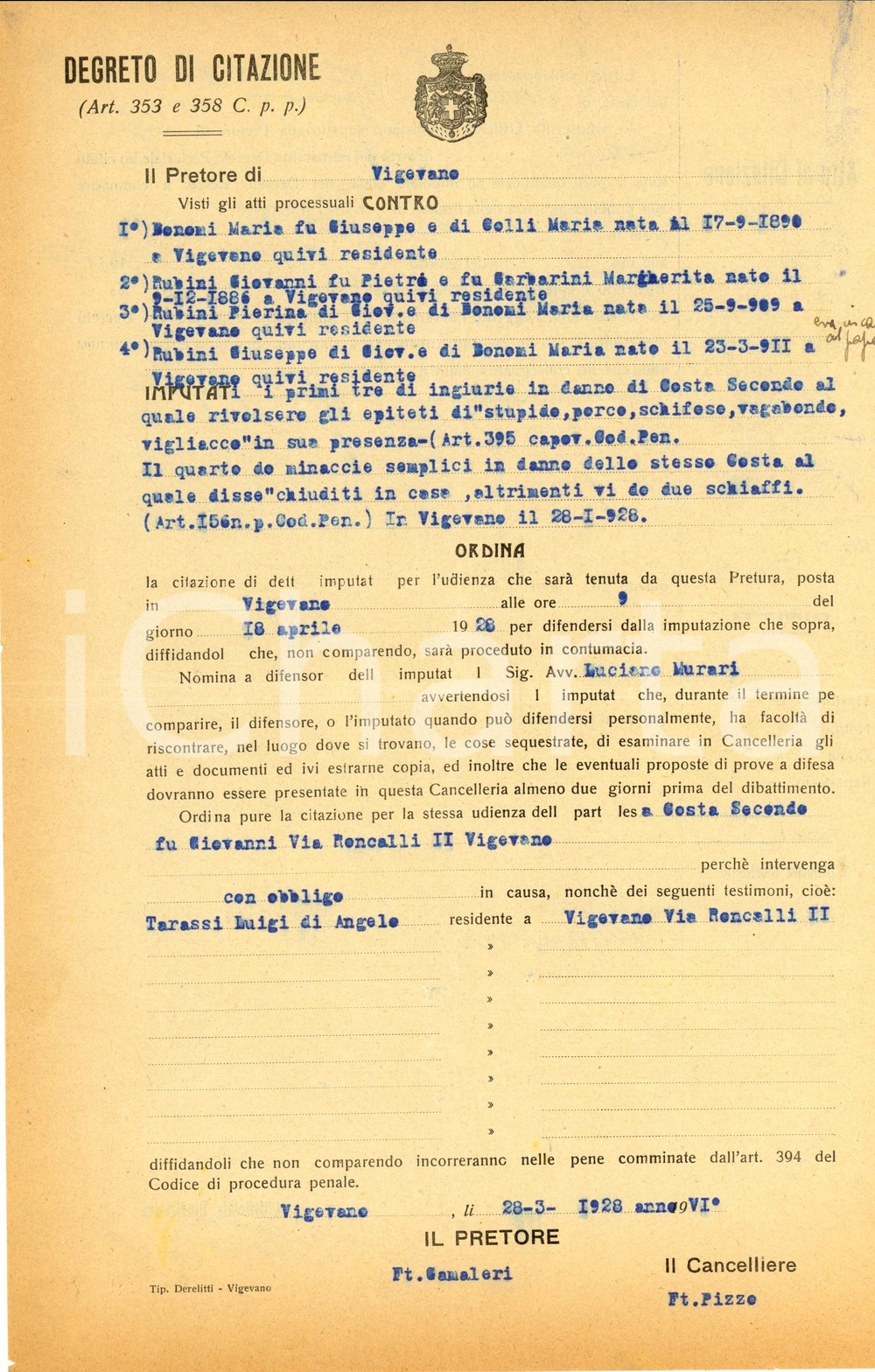 Documento originale, autentico 1928 VIGEVANO PV Citazione imputati RUBINI per insulti a Secondo COSTA 1