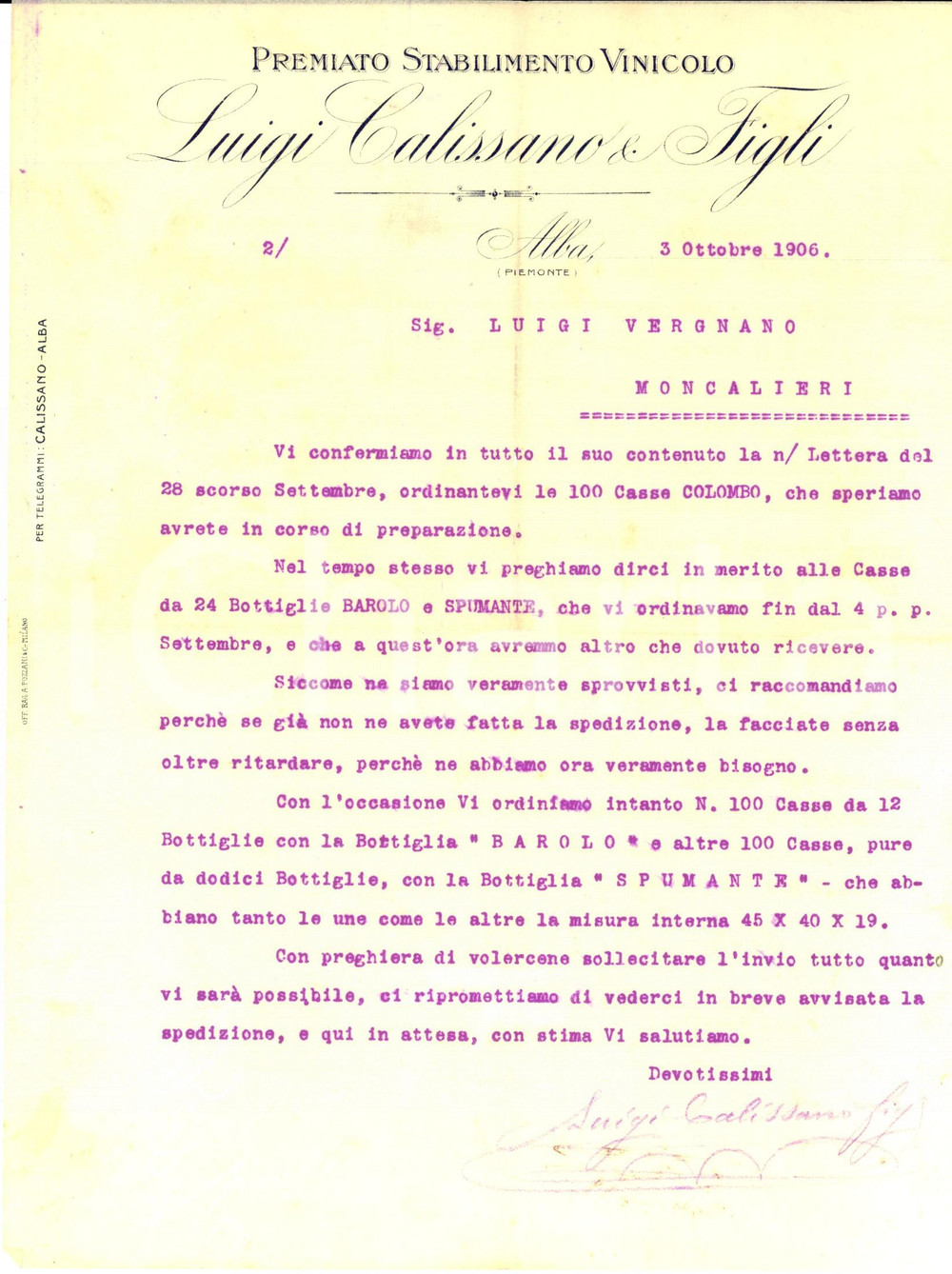 Documento originale, autentico 1906 ALBA CN Ditta vini Luigi CALISSANO & Figli  Ordine di BAROLO e spumante 1