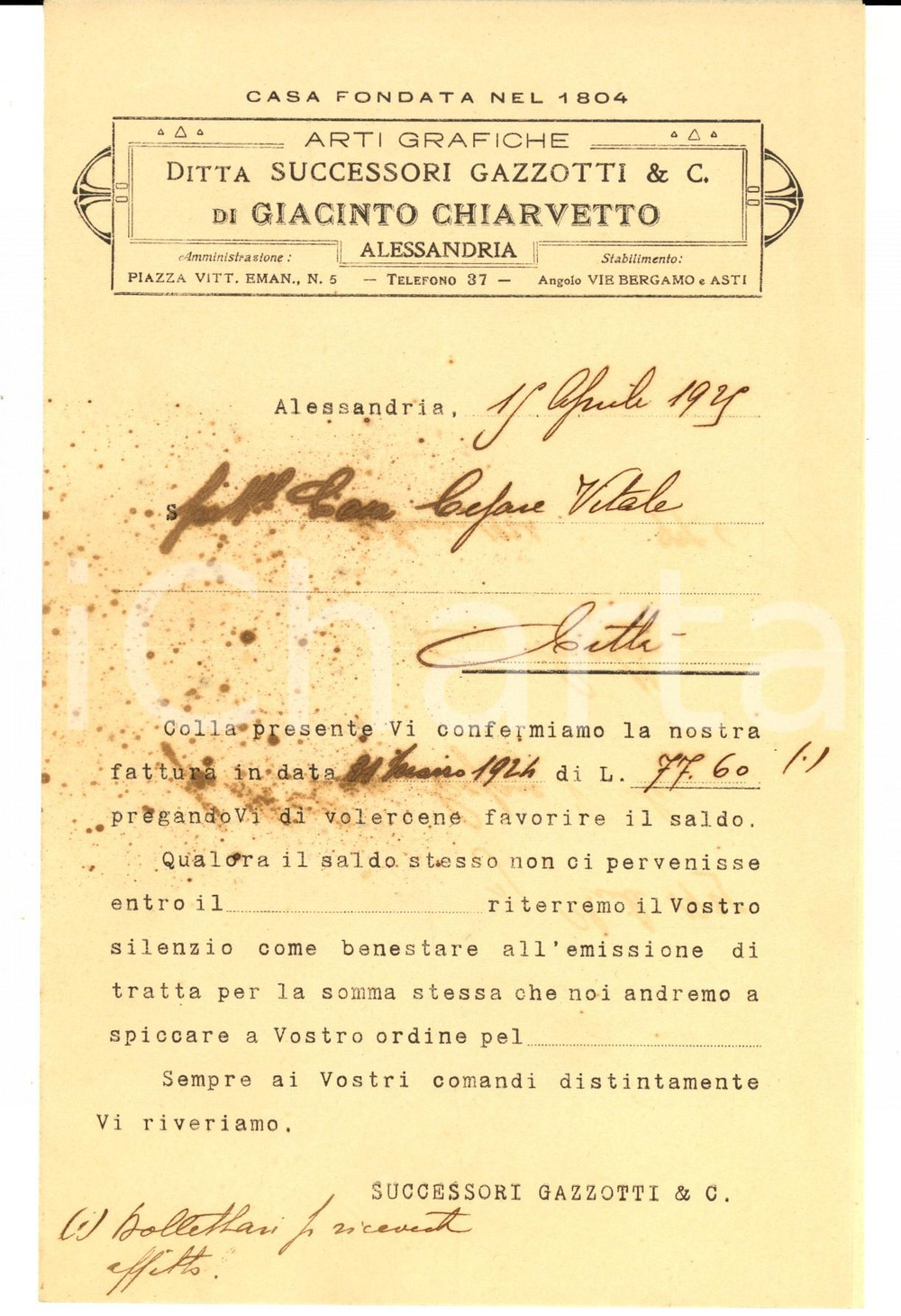Manoscritto, lettera originale 1925 ALESSANDRIA Arti grafiche successori GAZZOTTI di Giacinto CHIAVRETTO 1