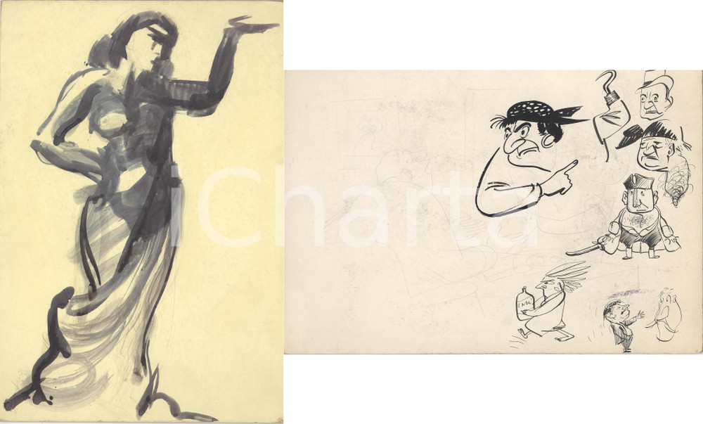Opera d’arte autentica 1960 ca ARTE Nudo di donna con FUMETTO PIRATI al verso China su tavola 21x30 1
