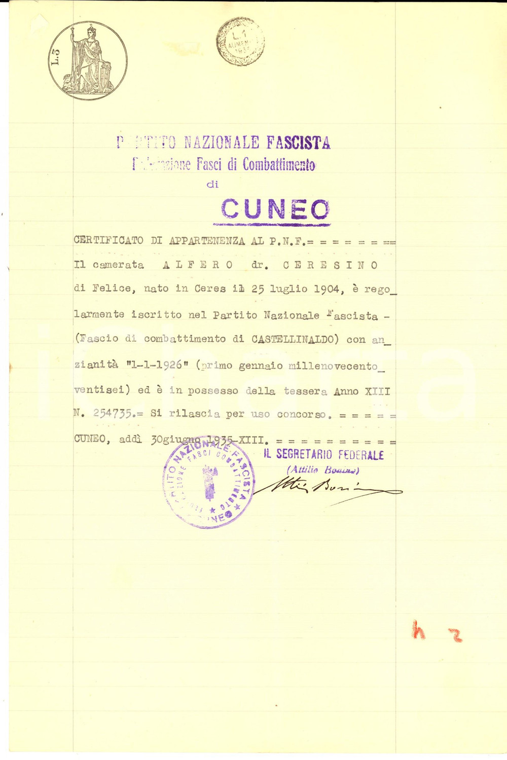 Documento originale, autentico 1935 CASTELLINALDO CN Iscrizione Ceresino ALFERO al Partito Nazionale Fascista 1