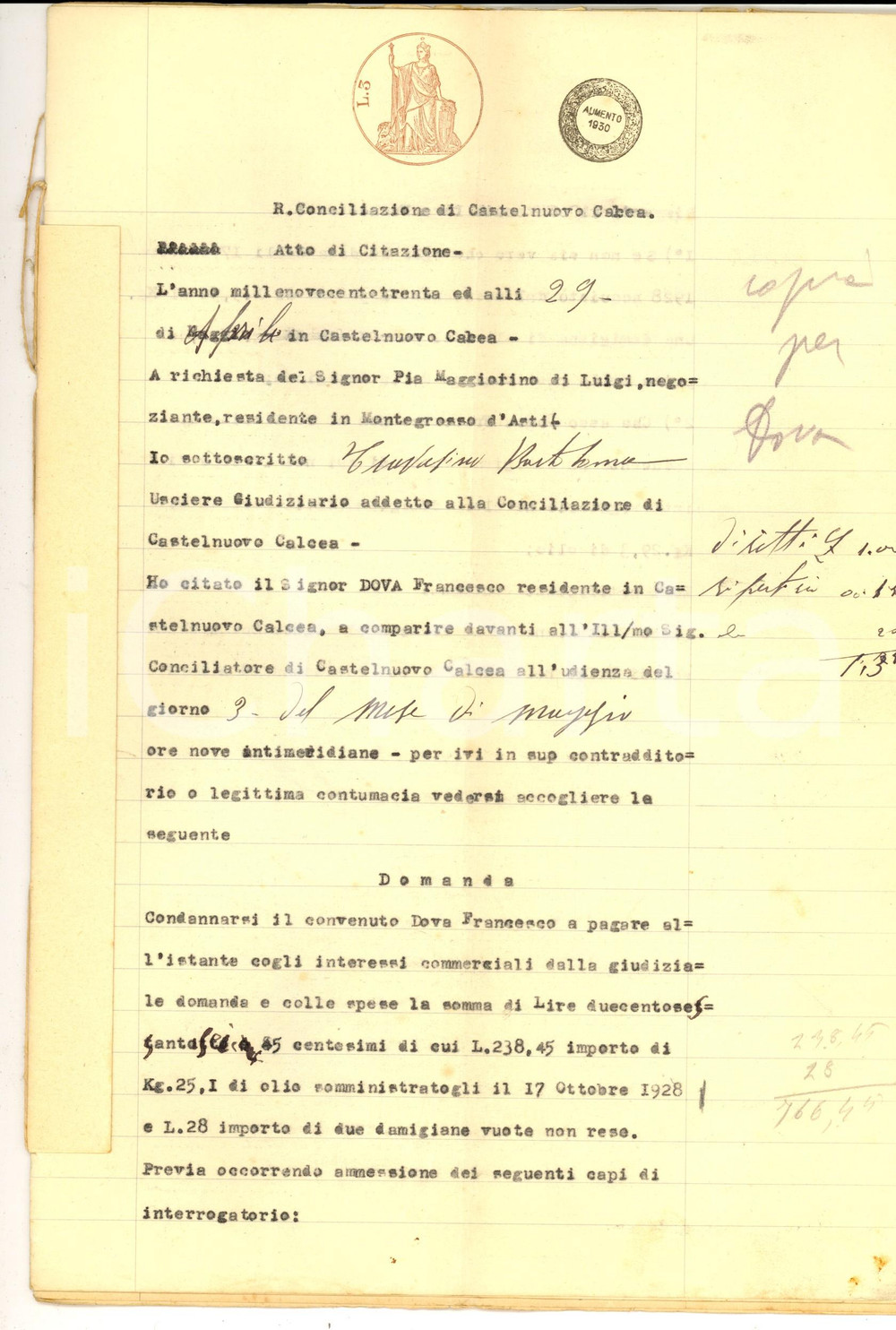 Documento originale, autentico 1930 CASTELNUOVO CALCEA Lite Maggiorino PIA  Francesco DOVA per una damigiana 1