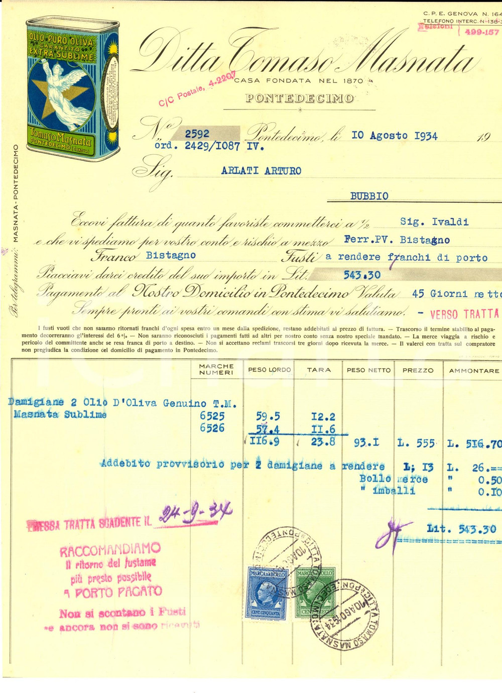 Documento originale, autentico 1934 GENOVA PONTEDECIMO Ditta Tomaso MASNATA olio d oliva Fattura intestata 1