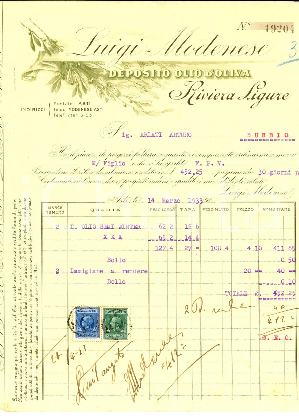 Documento originale, autentico 1933 ASTI Ditta Luigi MODENESE Deposito olio d oliva Fattura intestata 1