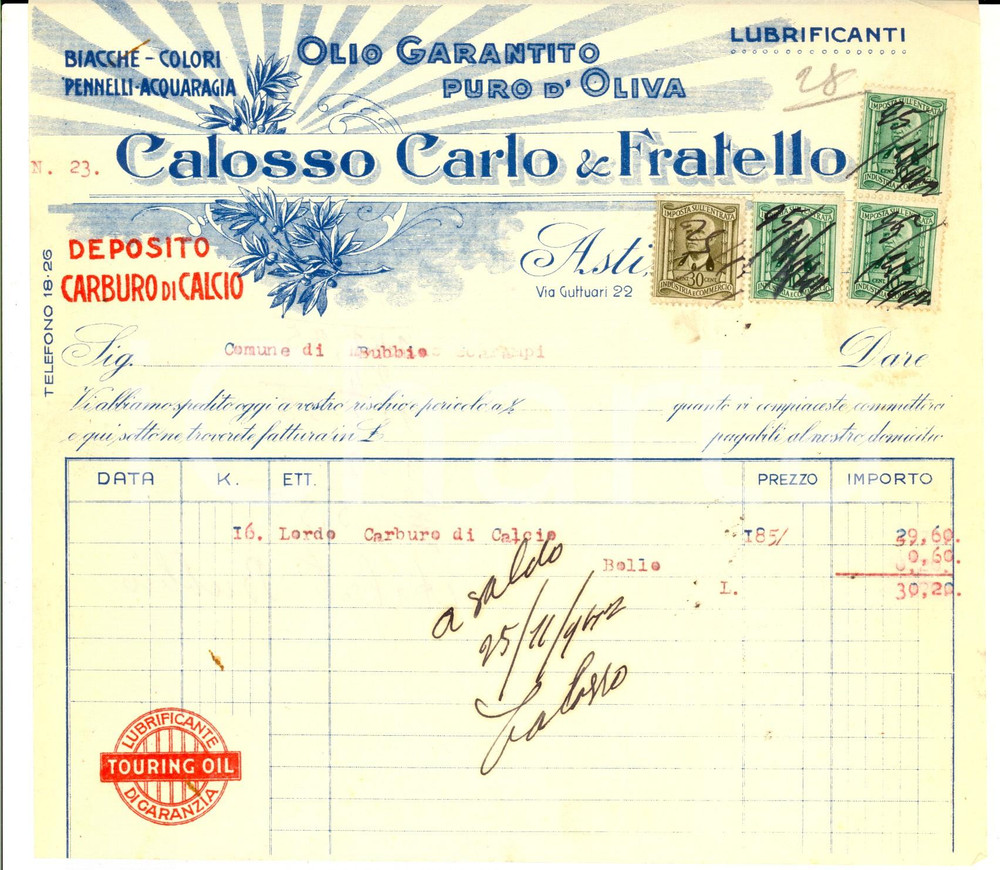 Documento originale, autentico 1942 ASTI Ditta Carlo CALOSSO e fratello  olio d oliva Fattura intestata 1