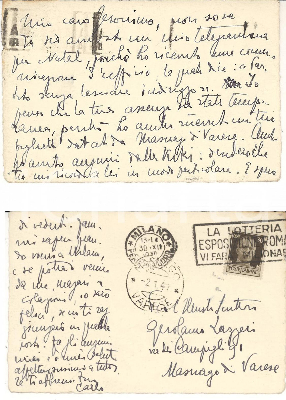 Autografo originale 1930 MILANO Carlo SAGGIO spera di vedere Gerolamo LAZZERI Cartolina AUTOGRAFA 1
