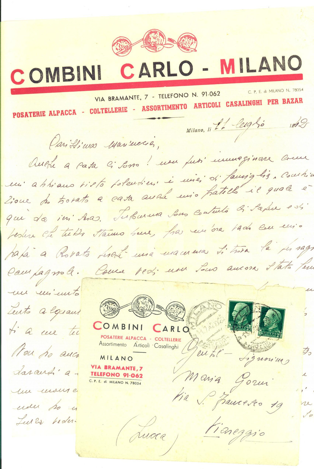 Manoscritto, lettera originale 1942 MILANO Lettera privata di Carlo COMBINI alla moglie Maria Carta intestata 1