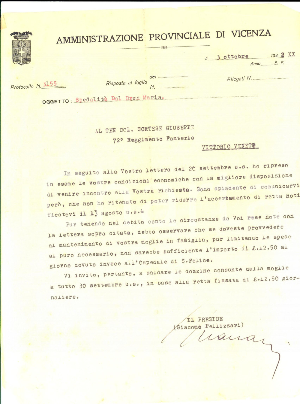 Documento originale, autentico 1942 VICENZA Amministrazione Provinciale  Lettera al ten. col. Giuseppe CORTESE 1