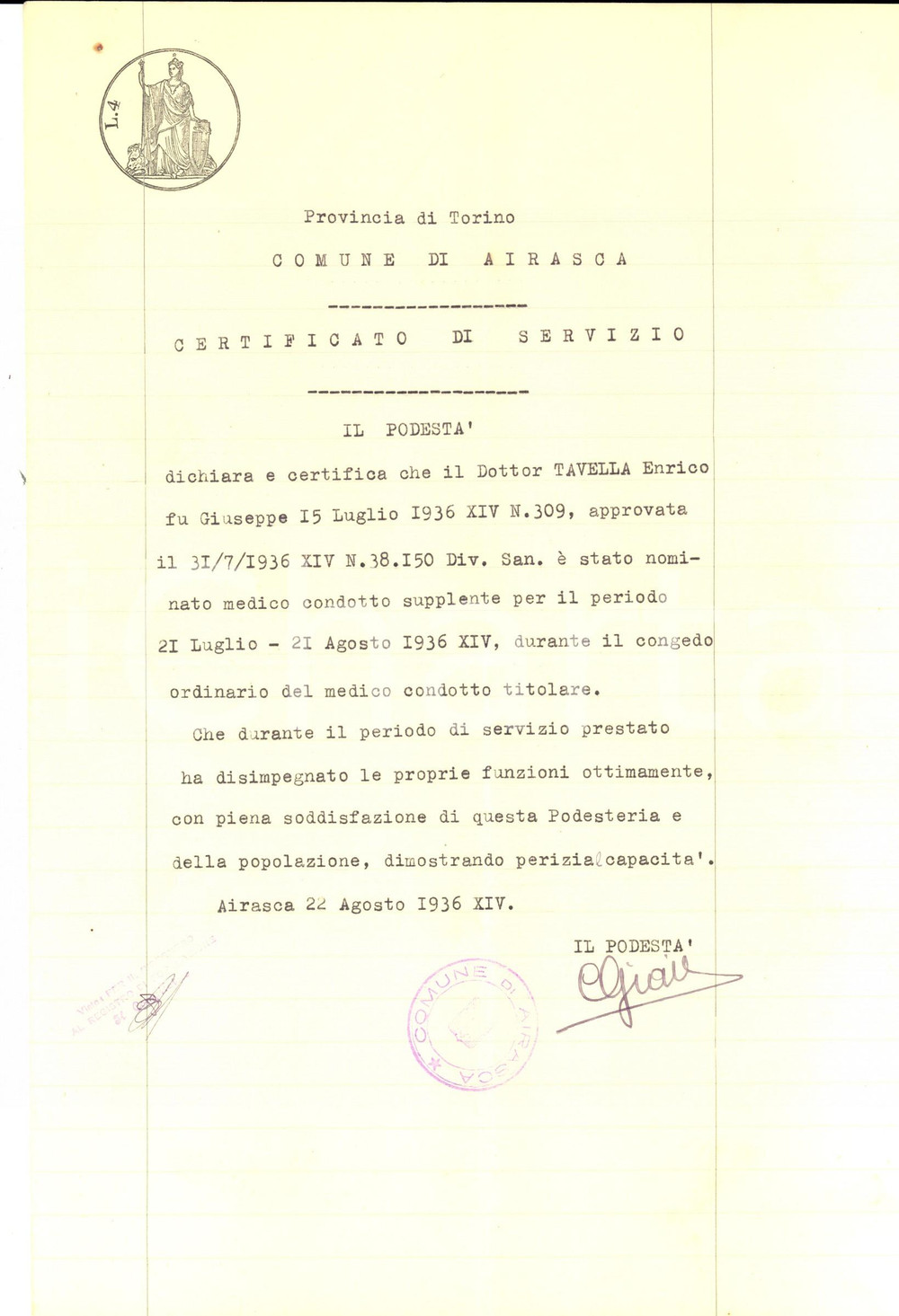Documento originale, autentico 1936 AIRASCA TO Nomina di Enrico TAVELLA a medico condotto supplente 1