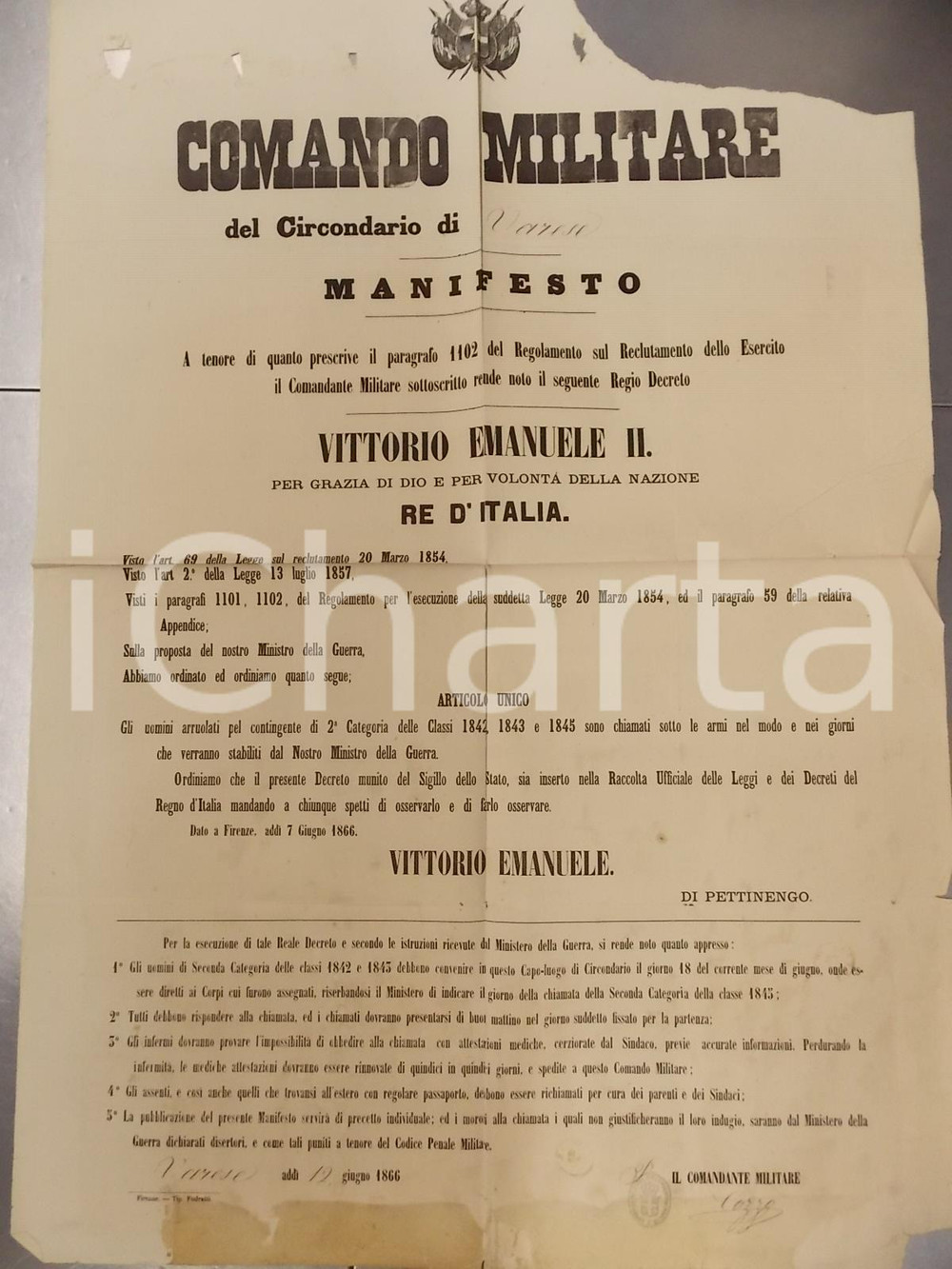 Documento originale, autentico 1866 VARESE Arruolamento degli uomini classi 18424345 Manifesto 60x90 cm 1