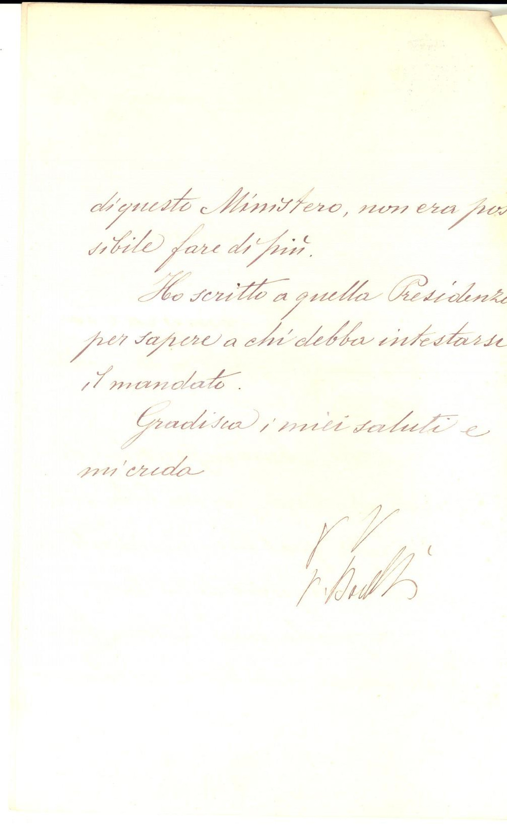 Autografo originale 1894 ROMA Ministro Paolo BOSELLI Lettera autografa 1