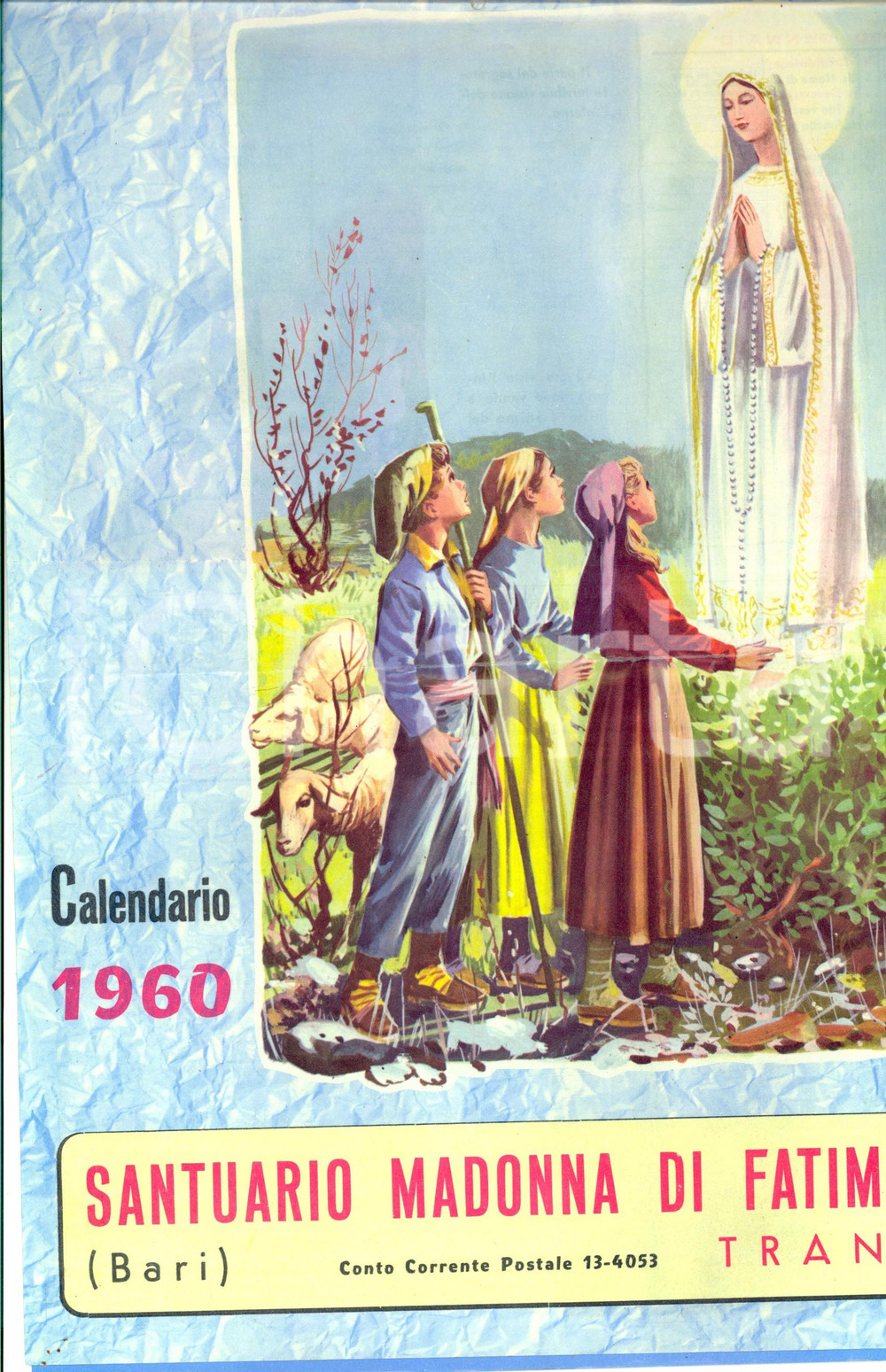 Oggetto da collezione cartaceo 1960 TRANI Santuario MADONNA DI FATIMA Calendario ILLUSTRATO 1