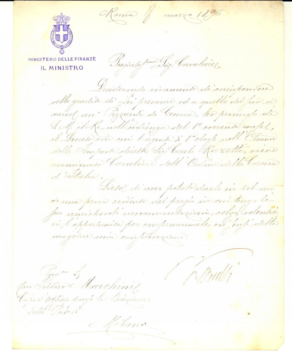 Autografo originale 1896 ROMA Ministro Paolo BOSELLI si impegna per il canonico PIZZARDI AUTOGRAFO 1