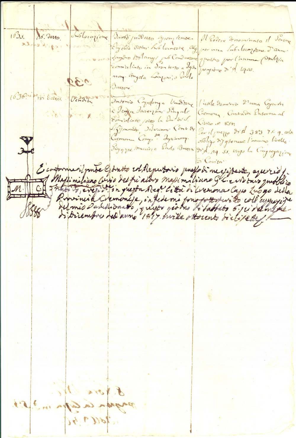 Documento originale, autentico Novembre 1817 CREMONA Estratto repertorio atti notaio Massimiliano CORIO 1