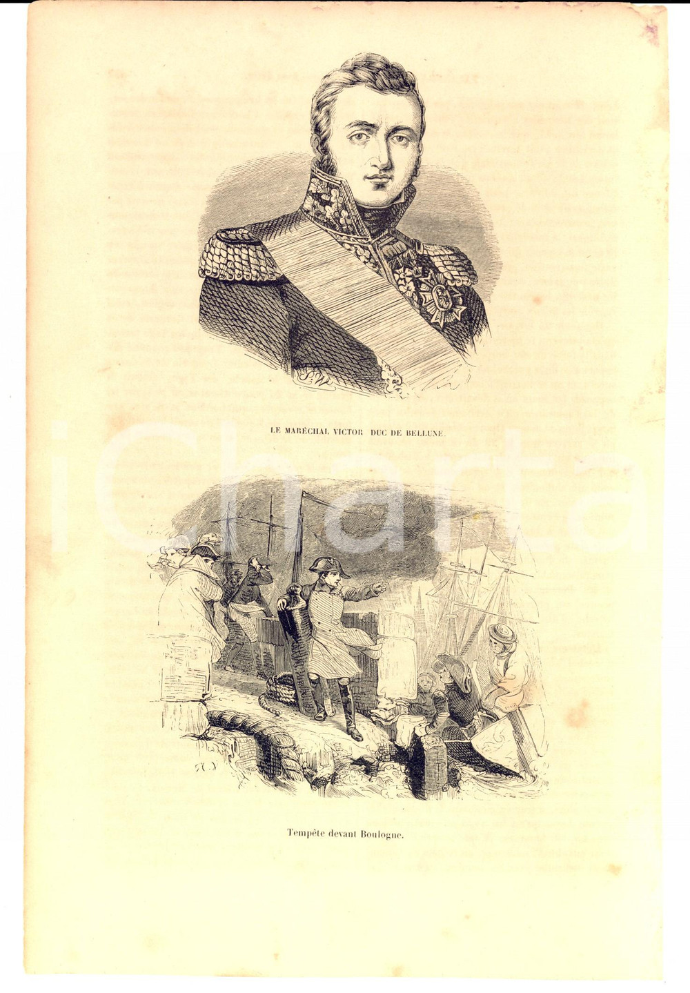 Stampa, bozzetto originale 1850 ca Maréchal VICTOR  Tempete devant BOULOGNE Stampa NAPOLEONICA cm 17x27 1